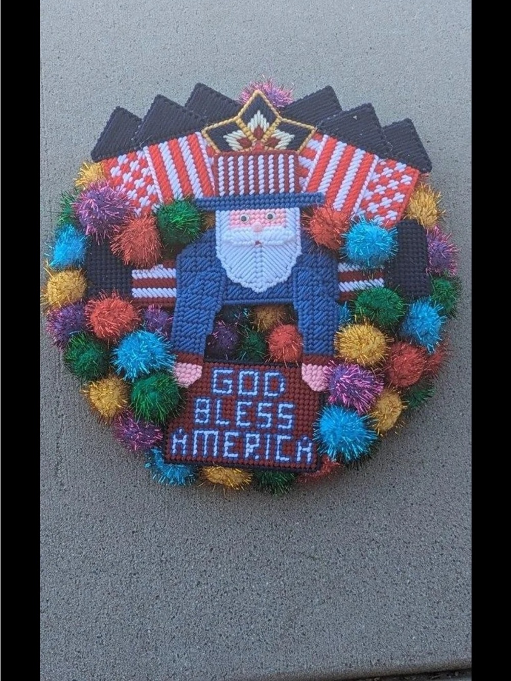 Handmade Multi Colored Balls Uncle Sam 4th July  Plastic Canvas Wreath